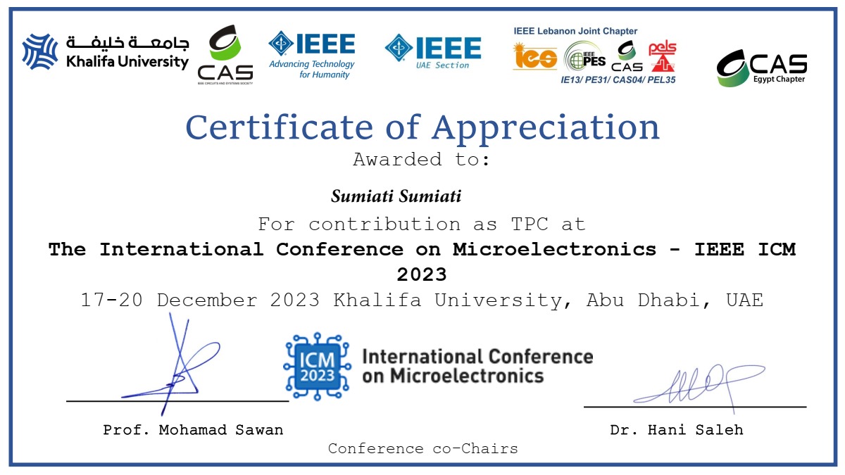 Akademisi Universitas Serang Raya, Sumiati, ST., MM., Ph.D., Terima Penghargaan sebagai Reviewer di Konferensi Internasional IEEE ICM 2023