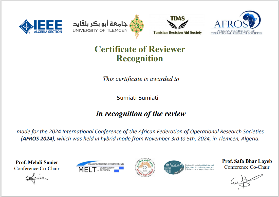 Sumiati, ST., MM., Ph.D., Terima Penghargaan sebagai Reviewer di Konferensi Internasional AFROS 2024